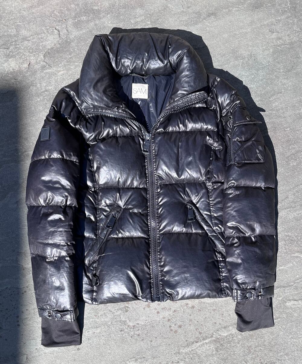 SAM New York Freestyle Down Puffer Jacket Womens Glossy Black Funnel Neck Large